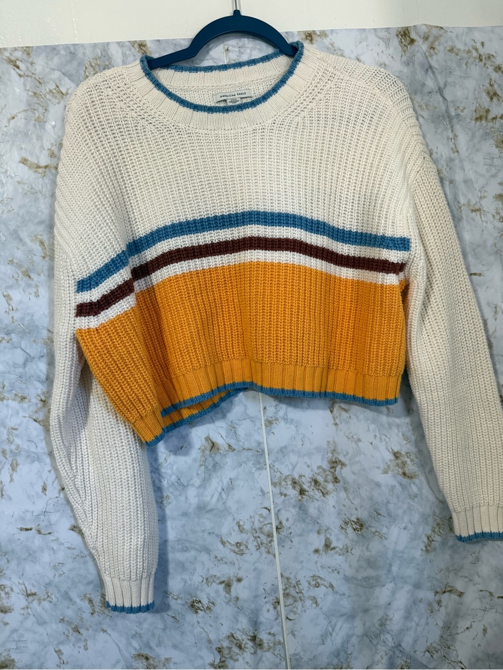 American Eagle Outfitters Cream, Mustard & Blue Cropped Stripe Knit Sweater